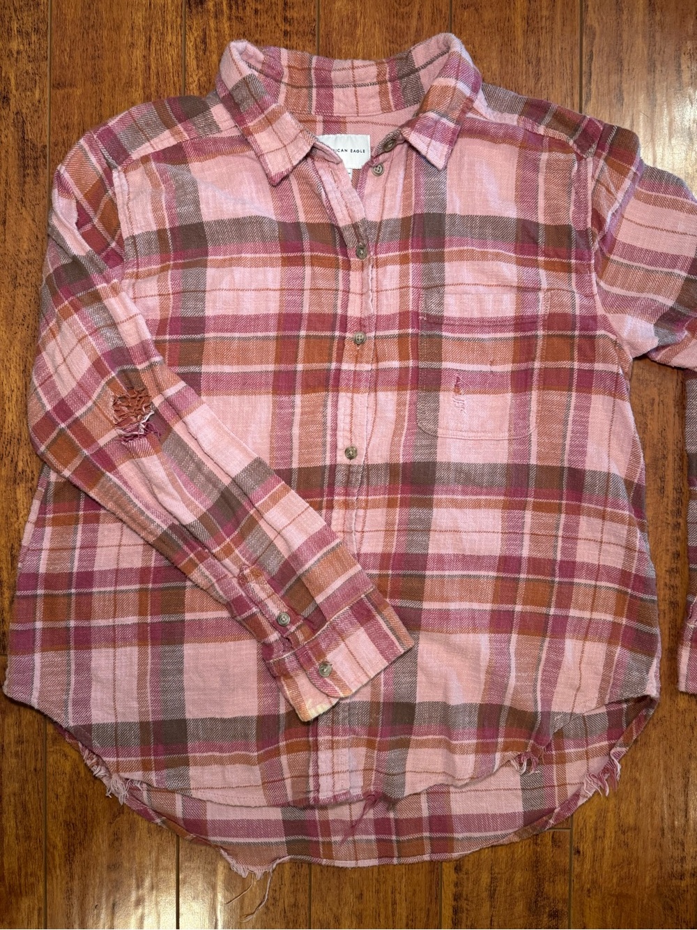 American Eagle Outfitters Pink Plaid Button-Down Shirt
